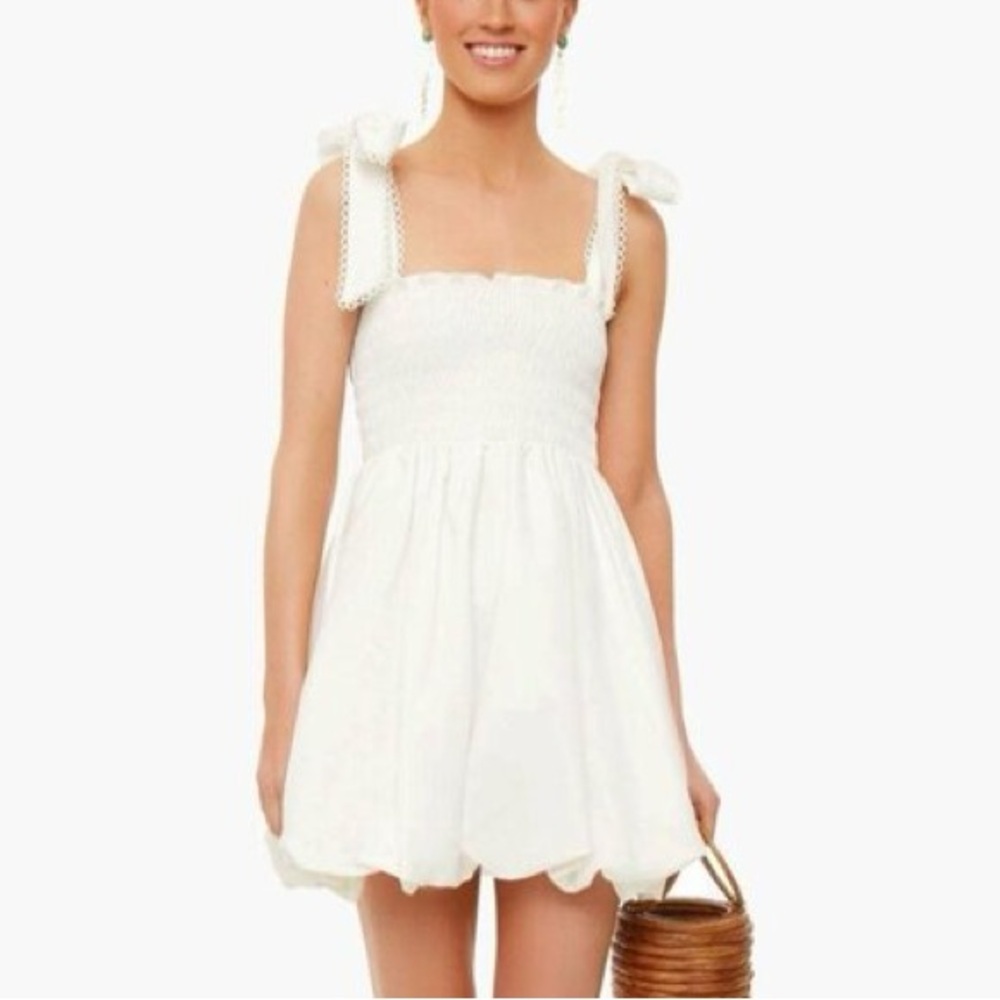 Tuckernuck O.P.T. White Zenia Mini Dress Smocked Bubble Hem Ribbon Tie Shoulder